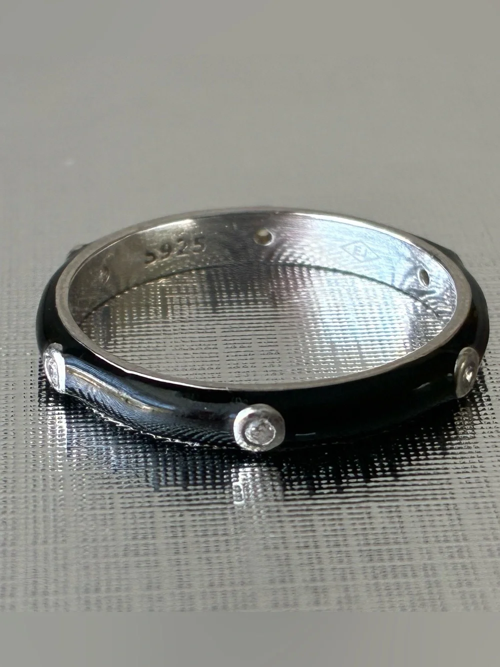 Sterling 925 Black Enamel Ring with Clear Stone Sz 9